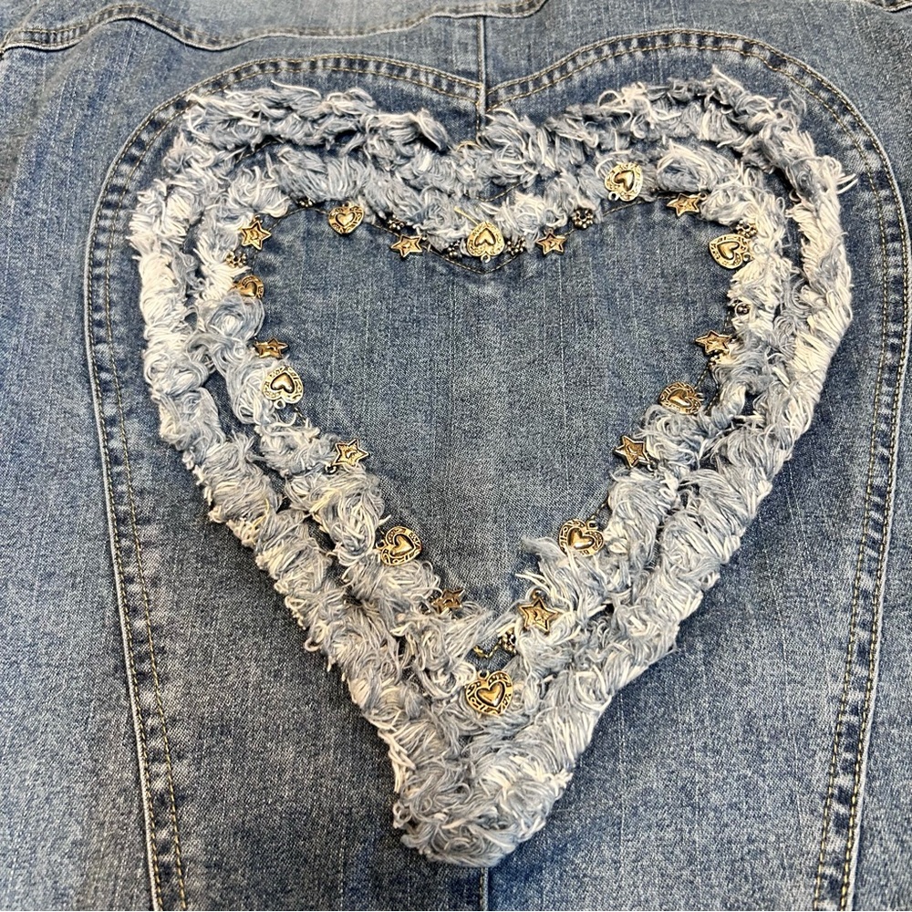 Quacker Factory Blue Denim Embellished Heart Star Charm Fringe Jacket - Picture 9 of 10